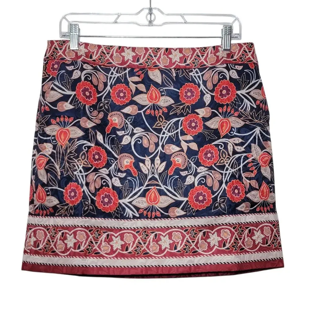 Tory Burch Floral Mini Skirt Blue Red Cotton Blend Pockets XL Resort